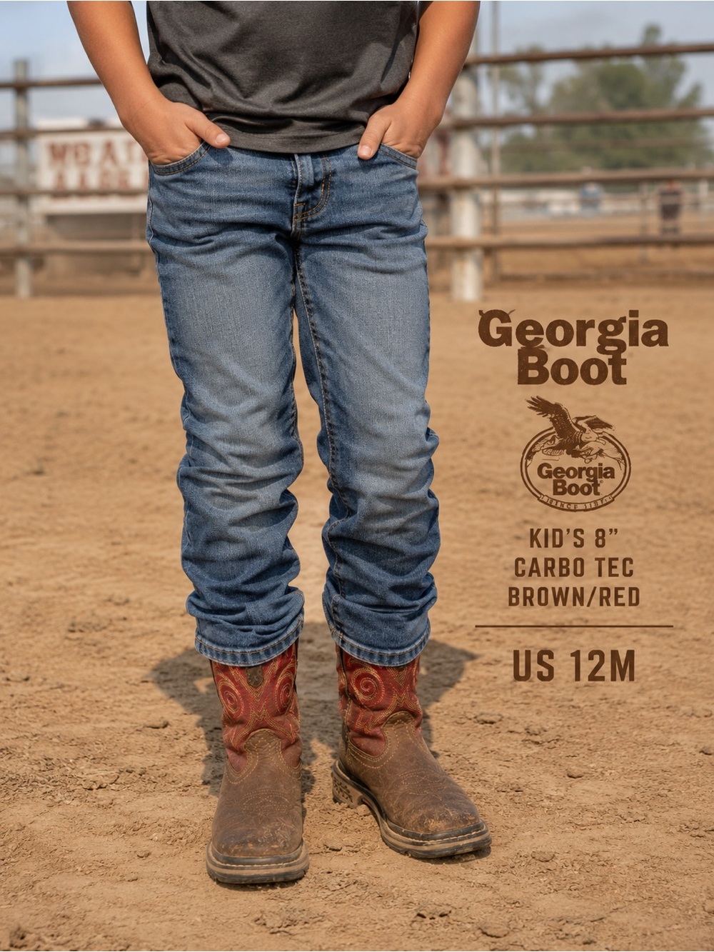 Georgia Boot Kids 8” Carbo-Tec Western Work Boots Brown/Red Leather US 12M EU 30